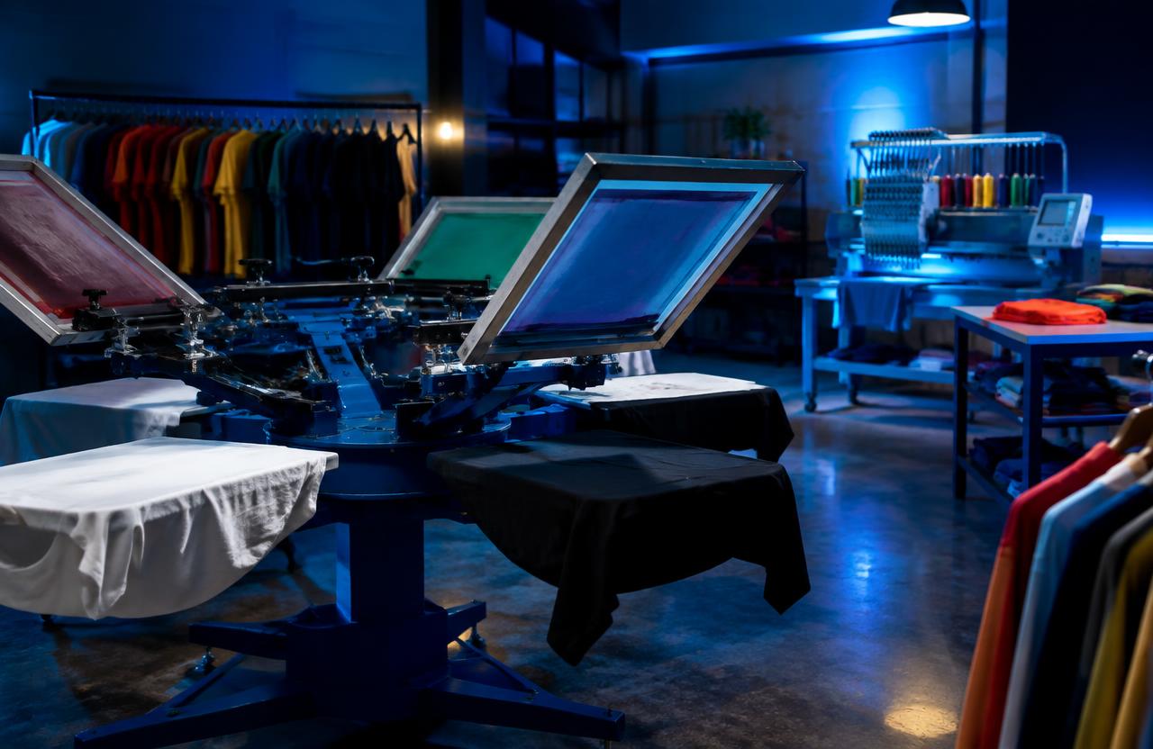 Screen printing press and embroidery machine in an apparel decoration shop