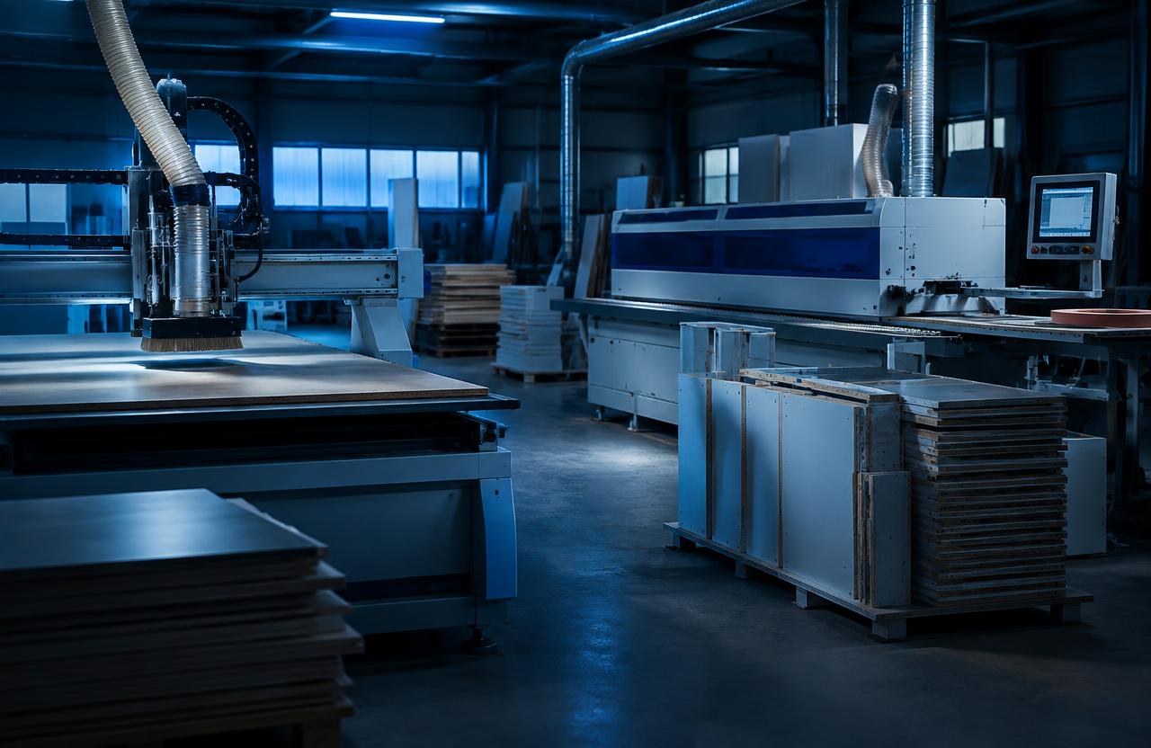 CNC router and edgebanding machine in a furniture workshop