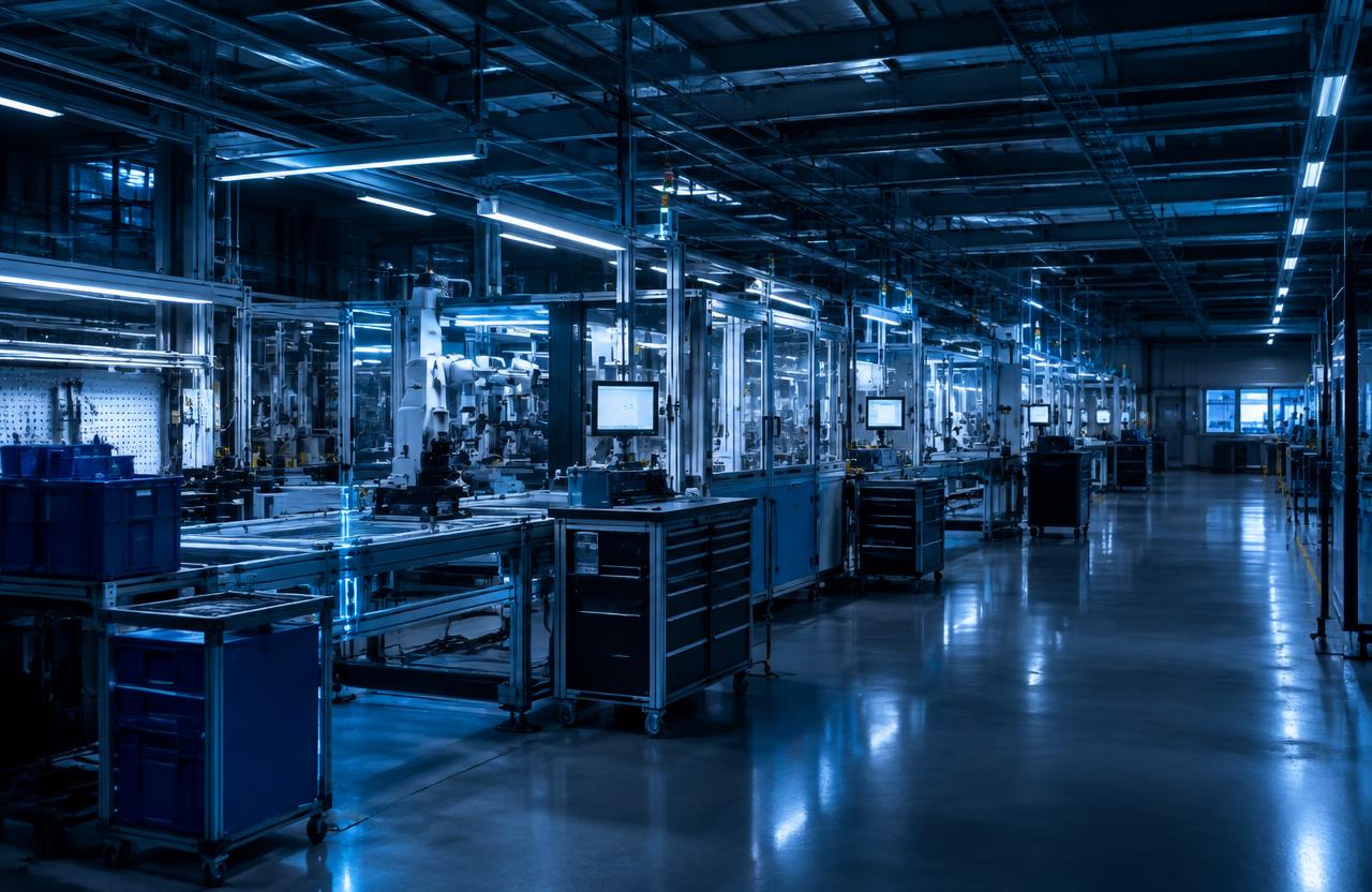 Modern manufacturing floor with production line workstations