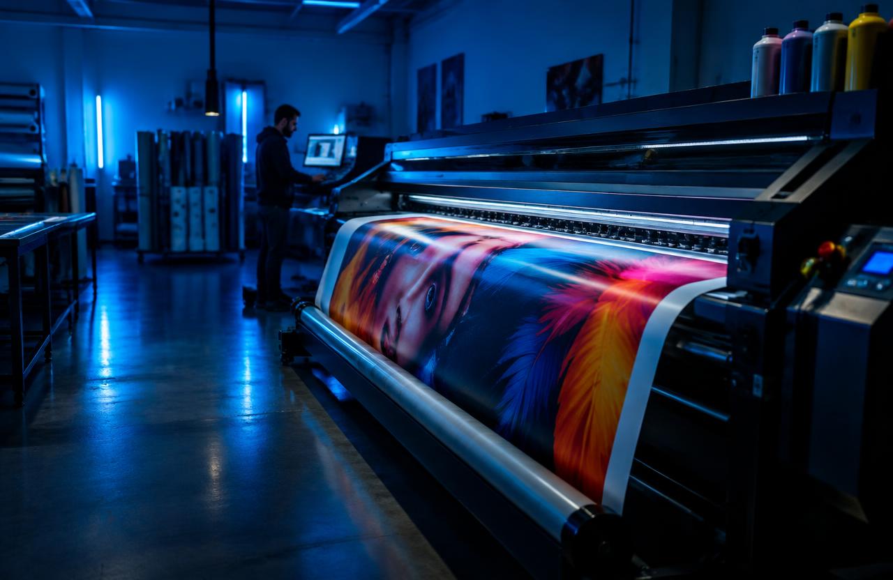 Wide-format printer producing a colourful banner in a sign shop